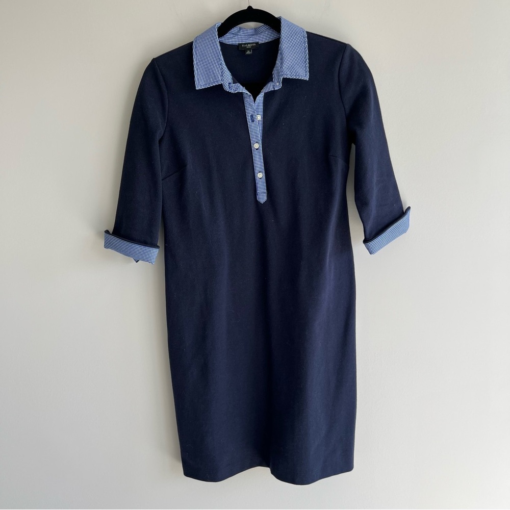 Talbots Cotton Polo Pique Popover Shirt Dress gingham collar cuffs small petite - Picture 2 of 10
